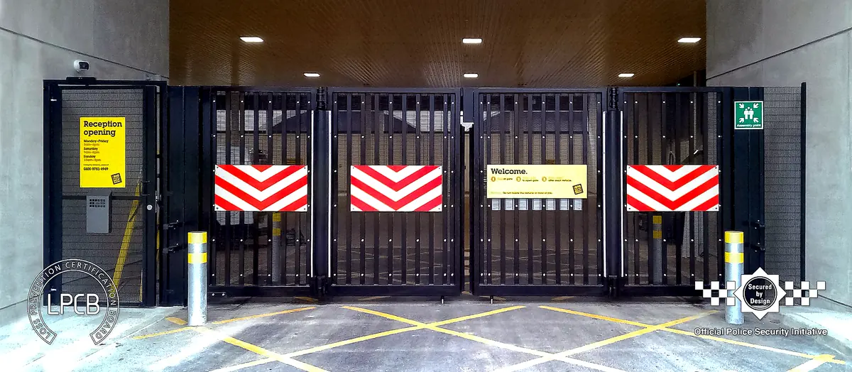 LPS 1175 bi-parting bi-folding gate installed for high security vehicle access control at a secured facility