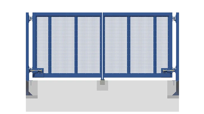 Double-leaf hinged swing security gate with mesh infill for secure vehicle access
