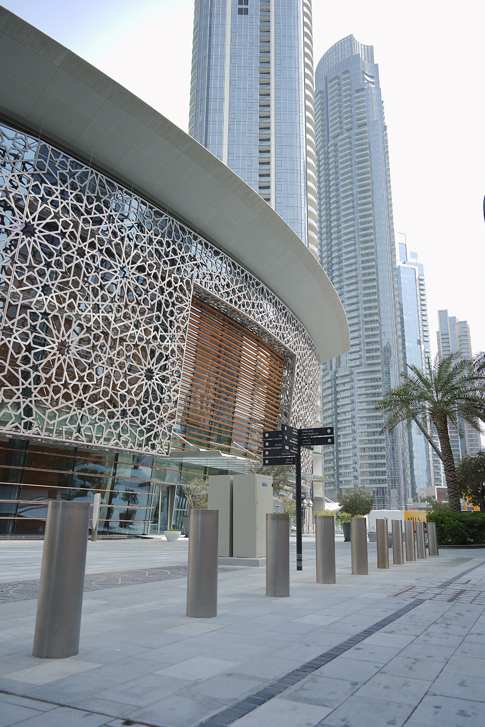 Stainless steel bollards installed at the entrance of the Dubai Opera, providing enhanced security and aesthetic appeal against the backdrop of modern architectural design and towering skyscrapers.11