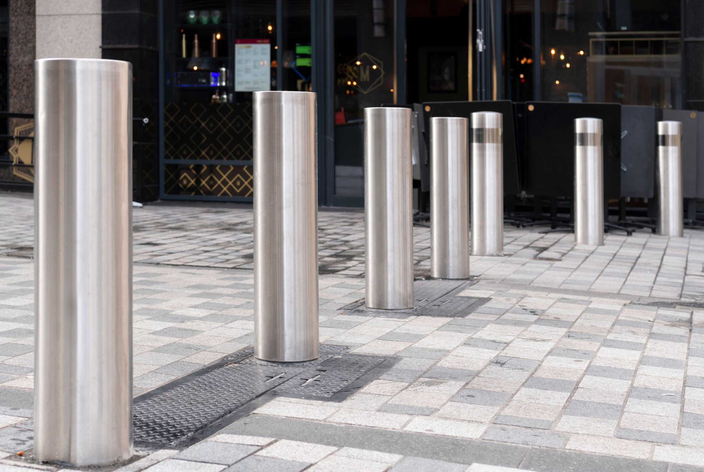 Bollards at sports venue entrance