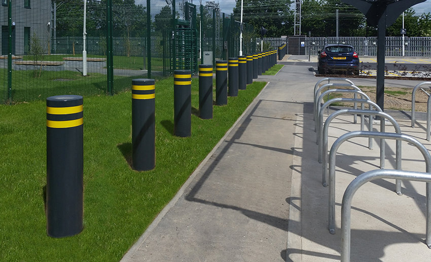 A well-designed crash-rated bollard in an urban setting