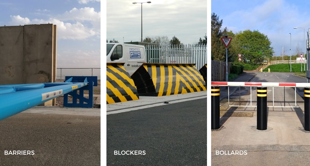 An overview of a military facility with HVM measures such as bollards and road blockers