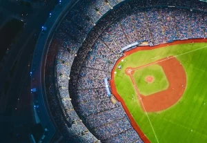 Aerial view of a crowded sports stadium illustrating crowd control, pedestrian management and stadium security requirements during a major event.