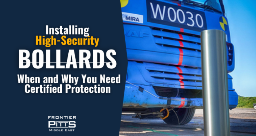 High-security bollard installation guide showing a crash-tested bollard protecting against vehicle-borne threats.