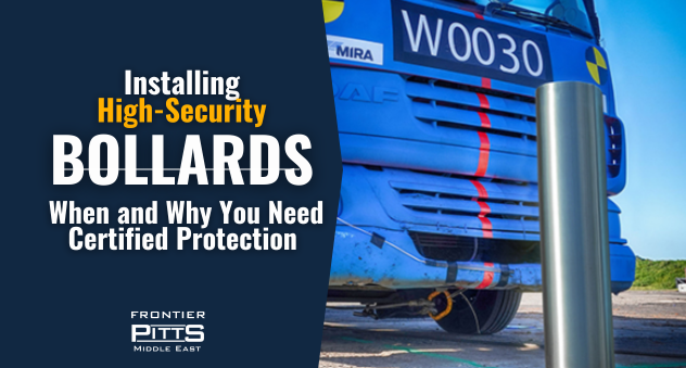 Crash-rated security bollard stopping test truck — Frontier Pitts Middle East banner for certified high-security bollard installation