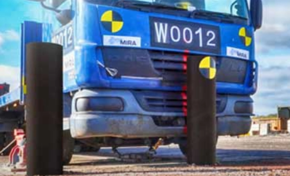 SIRA-approved HVM bollards crash tested against a heavy vehicle for certified vehicle intrusion protection.