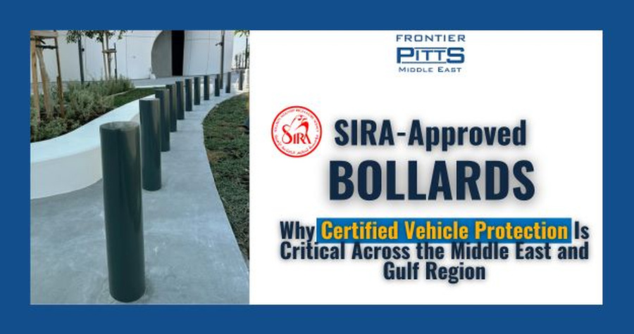 SIRA-approved bollards installed at a pedestrian walkway, providing certified vehicle protection and perimeter security in the Gulf region.