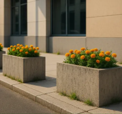 TerraGuard 900 surface-mount security bollard system disguised as concrete planters with flowers, providing instant perimeter protection without groundworks – fpgulf.com.
