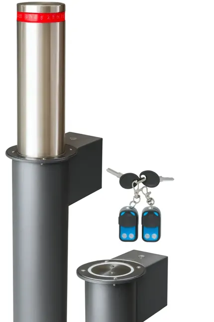 Urban Shield 900 battery-operated retractable bollard with stainless steel finish, remote controls, and keys – ideal for commercial entrances and high-security access control