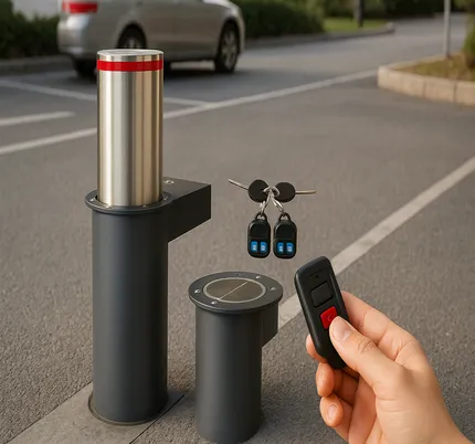 Urban Shield 900 battery-powered retractable bollard with stainless steel finish, red LED safety ring, and remote control, installed for secure vehicle access control.