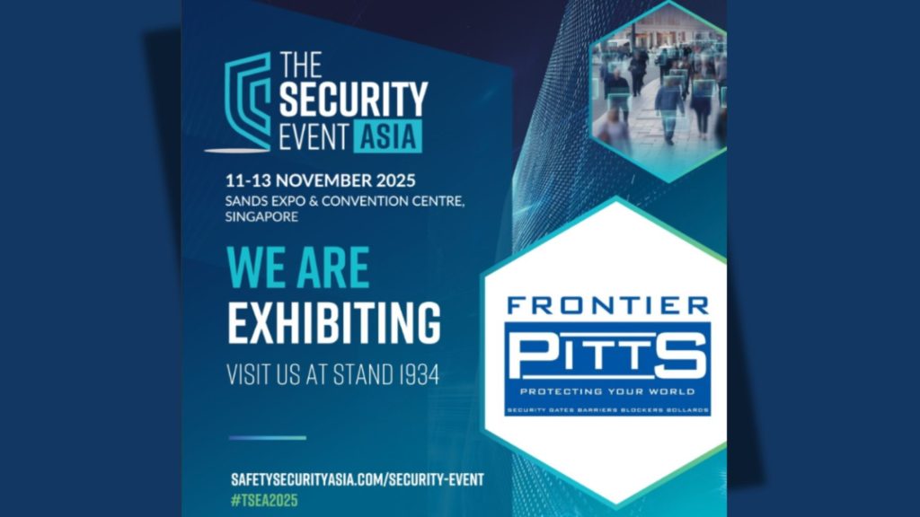 Frontier Pitts exhibition announcement for The Security Event Asia 2025, November 11-13 at Sands Expo & Convention Centre Singapore, featuring company logo and stand number I934