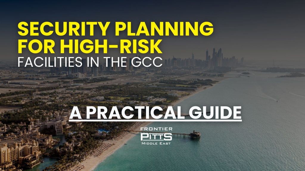 Security planning for high-risk facilities in the GCC showing urban coastal skyline representing critical infrastructure protection and hostile vehicle mitigation systems in the Middle East.