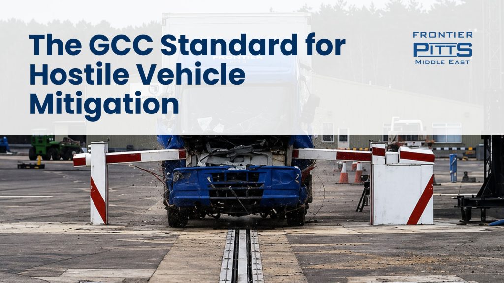 Frontier Pitts Middle East crash-rated barrier system stopping a vehicle during PAS 68 impact test — GCC hostile vehicle mitigation solution for critical infrastructure protection