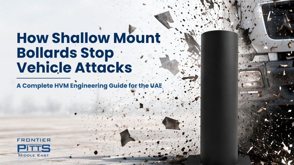 Shallow mount bollards stopping a vehicle impact in a hostile vehicle mitigation system in the UAE