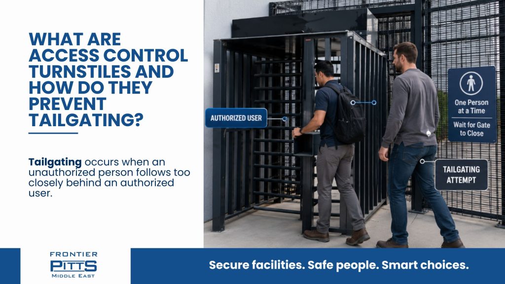 Access control turnstile showing how tailgating happens when an unauthorized person follows an authorized user at a secure facility entrance.