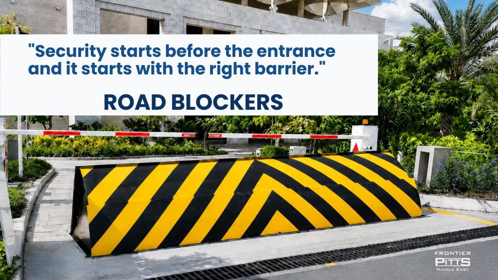 Road blocker barrier securing a facility entrance for vehicle access control by Frontier Pitts Middle East.
