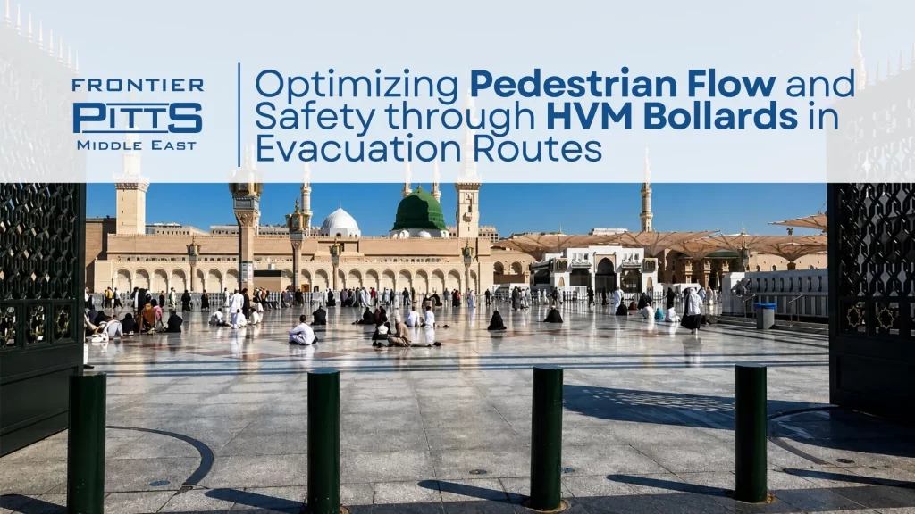 Hostile vehicle mitigation bollards protecting pedestrian evacuation routes at Al-Masjid an-Nabawi, demonstrating high-security bollards for crowd safety.